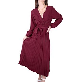 Women's Long Sleeve V-Neck Maxi Dress with Pleated Skirt and Waist Tie