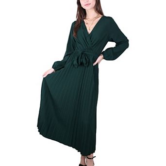 Women's Long Sleeve V-Neck Maxi Dress with Pleated Skirt and Waist Tie