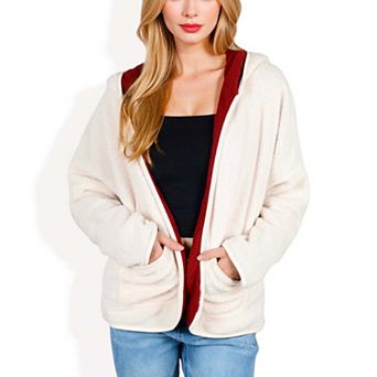 Women's Textured Two Tone Lined Hooded Jacket with Front Pockets and Contrast Trim