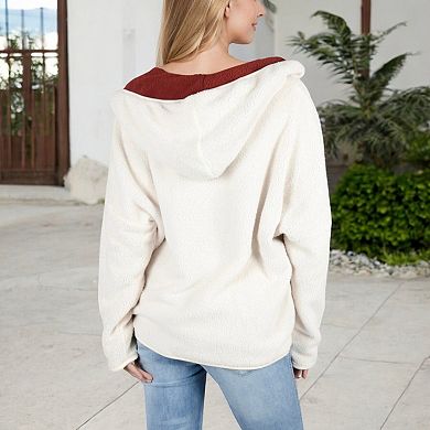 Women's Textured Two Tone Lined Hooded Jacket with Front Pockets and Contrast Trim