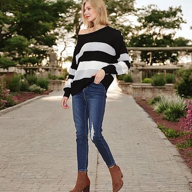 Women's Long Sleeve Pullover Knit Sweater with Bold Wide Stripe Pattern and Relaxed Fit
