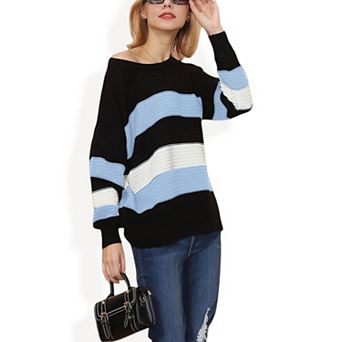 Women's Long Sleeve Pullover Knit Sweater with Bold Wide Stripe Pattern and Relaxed Fit