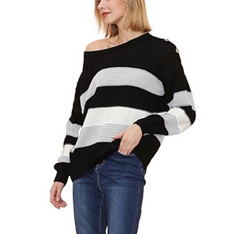 Women's Long Sleeve Pullover Knit Sweater with Bold Wide Stripe Pattern and Relaxed Fit