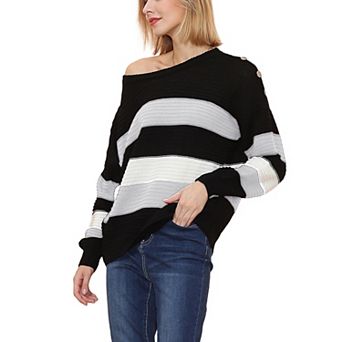 Women's Long Sleeve Pullover Knit Sweater with Bold Wide Stripe Pattern and Relaxed Fit