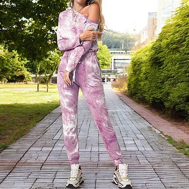Women's Off Shoulder Tie Dye Long Sleeve Jumpsuit with Drawstring Waist and Jogger Style Pants