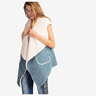 Women's Faux Shearling Open Front Vest with Oversized Collar