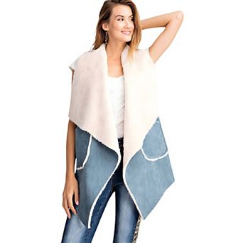 Women's Faux Shearling Open Front Vest with Oversized Collar