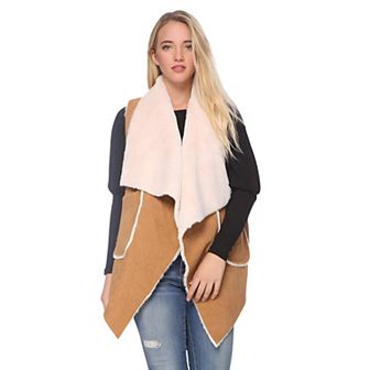 Women's Faux Shearling Open Front Vest with Oversized Collar
