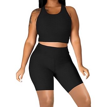 Women's Active Yoga Workout Set 2 pc Outfits Raceback Crop Top with High Waist Gym Shorts