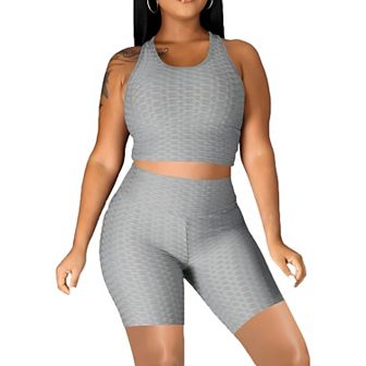 Women's Active Yoga Workout Set 2 pc Outfits Raceback Crop Top with High Waist Gym Shorts