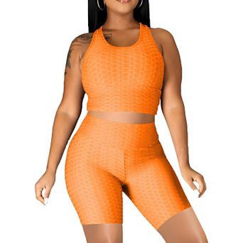 Women's Active Yoga Workout Set 2 pc Outfits Raceback Crop Top with High Waist Gym Shorts