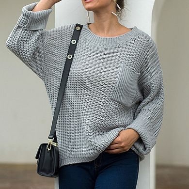 Women's Loose Knit Long Sleeve Pullover Sweater with Relaxed Fit
