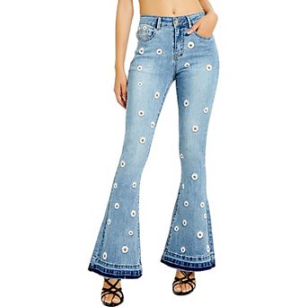 Women's Floral Daisy Embroidered Mid Rise Bell Bottom Jeans
