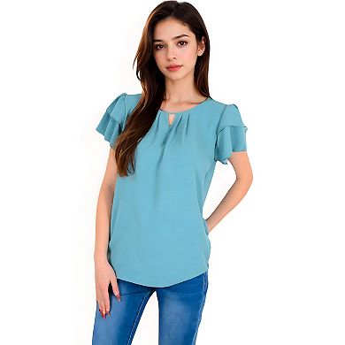 Women's Flutter Sleeve Top with Keyhole Neckline and Lightweight Textured Fabric