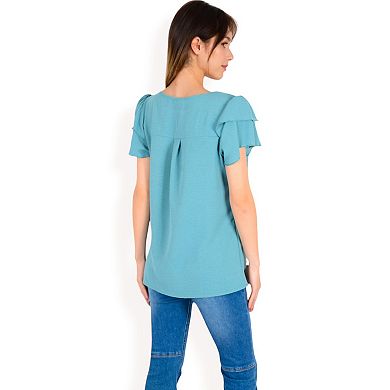 Women's Flutter Sleeve Top with Keyhole Neckline and Lightweight Textured Fabric