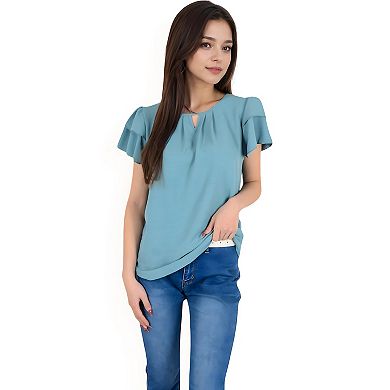 Women's Flutter Sleeve Top with Keyhole Neckline and Lightweight Textured Fabric