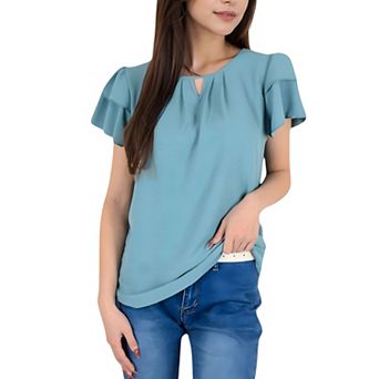 Women's Flutter Sleeve Top with Keyhole Neckline and Lightweight Textured Fabric