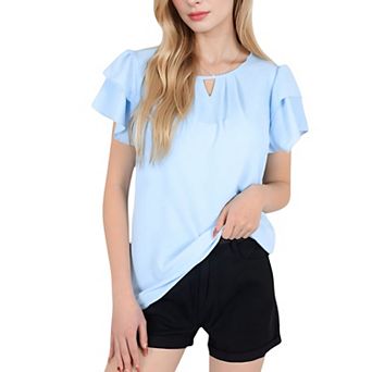 Women's Flutter Sleeve Top with Keyhole Neckline and Lightweight Textured Fabric