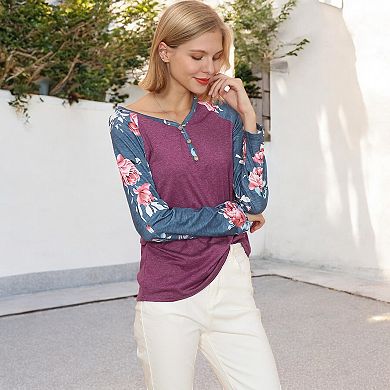Women's Long Sleeve Raglan Henley Top with Button Detail and Floral Print Sleeves