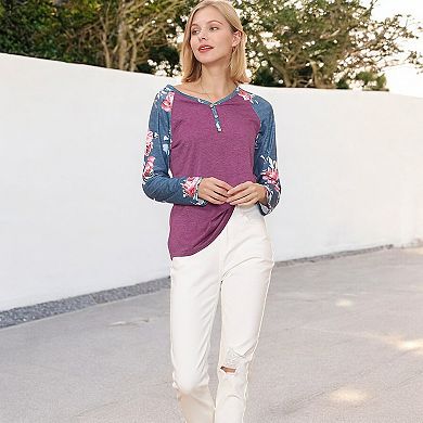 Women's Long Sleeve Raglan Henley Top with Button Detail and Floral Print Sleeves