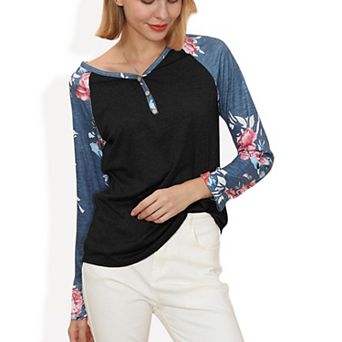 Women's Long Sleeve Raglan Henley Top with Button Detail and Floral Print Sleeves