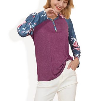 Women's Long Sleeve Raglan Henley Top with Button Detail and Floral Print Sleeves