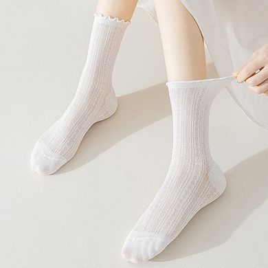 Women's Ribbed Crew Socks with Ruffle Lettuce Trim Soft Stretch Knit Comfortable Everyday 5-Pack