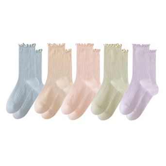 Women's Ribbed Crew Socks with Ruffle Lettuce Trim Soft Stretch Knit Comfortable Everyday 5-Pack