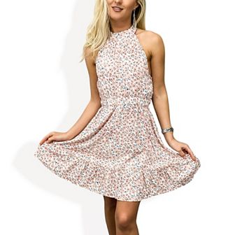 Women's Sleeveless Mini Dress with High Halter Neckline, Smocked Elastic Waist and Ruffled Hem Skirt