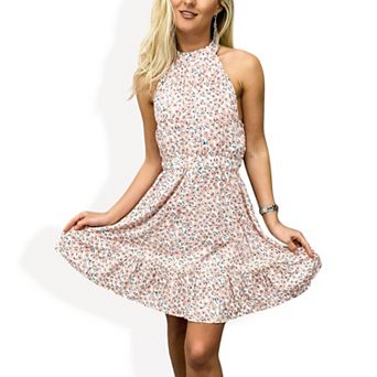 Women's Sleeveless Mini Dress with High Halter Neckline, Smocked Elastic Waist and Ruffled Hem Skirt