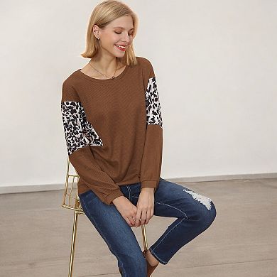 Women's Long Sleeve Sweatshirt with Leopard Print Sleeve Panels