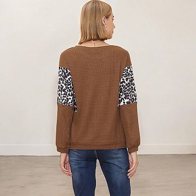 Women's Long Sleeve Sweatshirt with Leopard Print Sleeve Panels