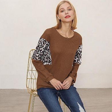 Women's Long Sleeve Sweatshirt with Leopard Print Sleeve Panels