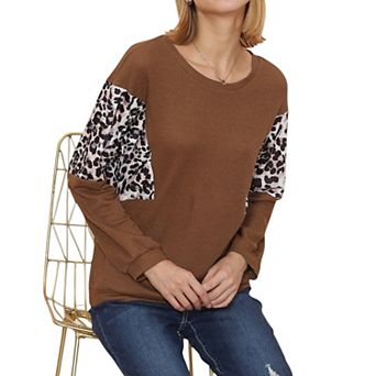 Women's Long Sleeve Sweatshirt with Leopard Print Sleeve Panels