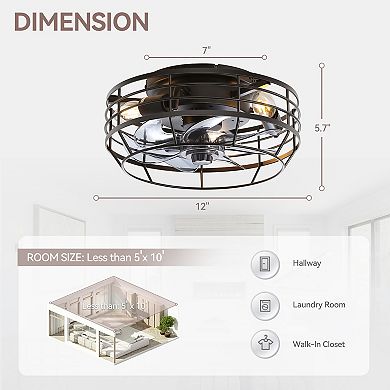 12-Inch indoor flush mount cage fan, 7 PC blades, DC motor, 6-speed remote