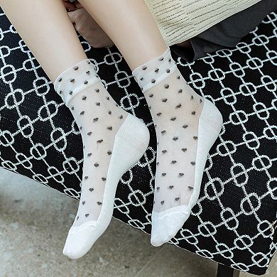 Women’s Sheer Crew Socks 5-Pack with Heart Pattern Everyday Comfort Fit