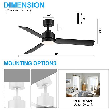 48-Inch LED ceiling fan, acrylic light shade, 3-color temp, 5" downrod, remote