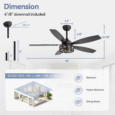 48-Inch industrial ceiling fan, 5 dual-finish plywood blades, 6 speeds, DC motor, remote