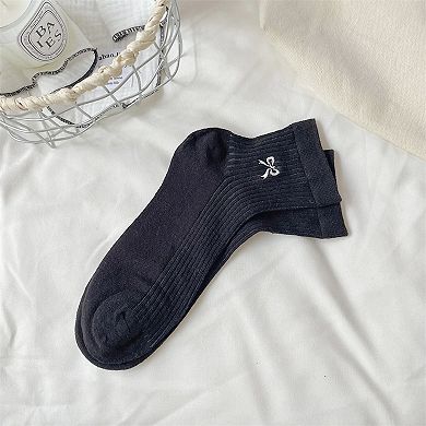 Women's Summer Ribbed Ankle Socks with Bow Embroidery