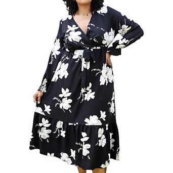 Women's Floral Print Wrap Midi Dress with Long Sleeves Ruffle Hem and Self Tie Waist