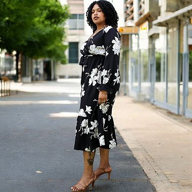 Women's Floral Print Wrap Midi Dress with Long Sleeves Ruffle Hem and Self Tie Waist