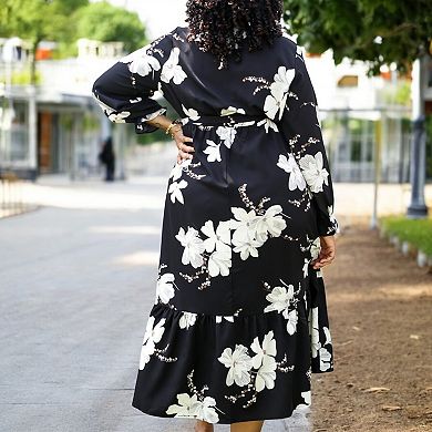 Women's Floral Print Wrap Midi Dress with Long Sleeves Ruffle Hem and Self Tie Waist