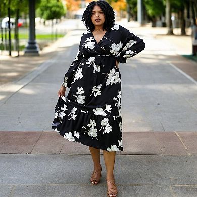 Women's Floral Print Wrap Midi Dress with Long Sleeves Ruffle Hem and Self Tie Waist