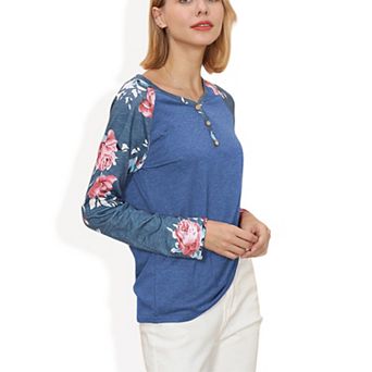 Women's Long Sleeve Raglan Henley Top with Button Detail and Floral Print Sleeves
