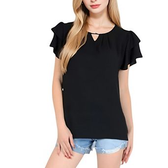 Women's Flutter Sleeve Top with Keyhole Neckline and Lightweight Textured Fabric