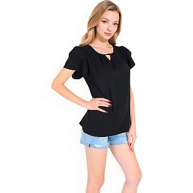 Women's Flutter Sleeve Top with Keyhole Neckline and Lightweight Textured Fabric