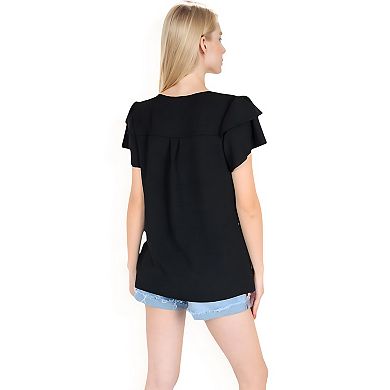 Women's Flutter Sleeve Top with Keyhole Neckline and Lightweight Textured Fabric