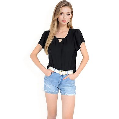 Women's Flutter Sleeve Top with Keyhole Neckline and Lightweight Textured Fabric