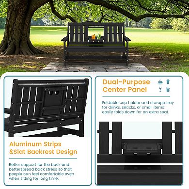 2-Person Patio Bench with foldable Cup Holder and Functional Center Panel