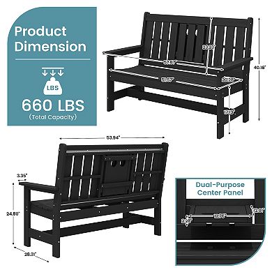 2-Person Patio Bench with foldable Cup Holder and Functional Center Panel